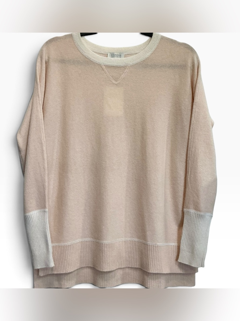 Kinross Cashmere 1Cashmere Sweater XS Pink Blush Ivory Contrast Quiet Luxury NWT